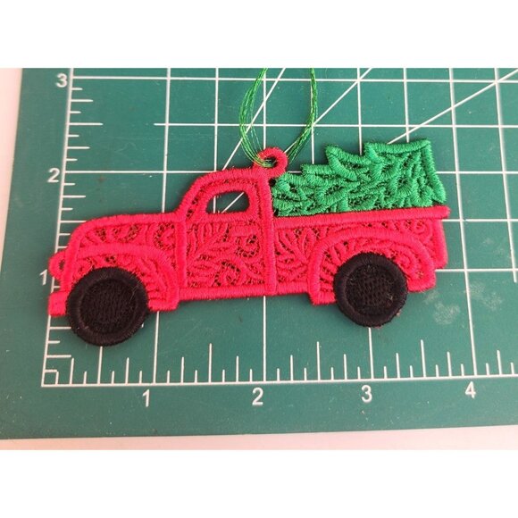 Embroidered Red Truck Christmas Ornaments Set Of 2 Handmade - Picture 7 of 8